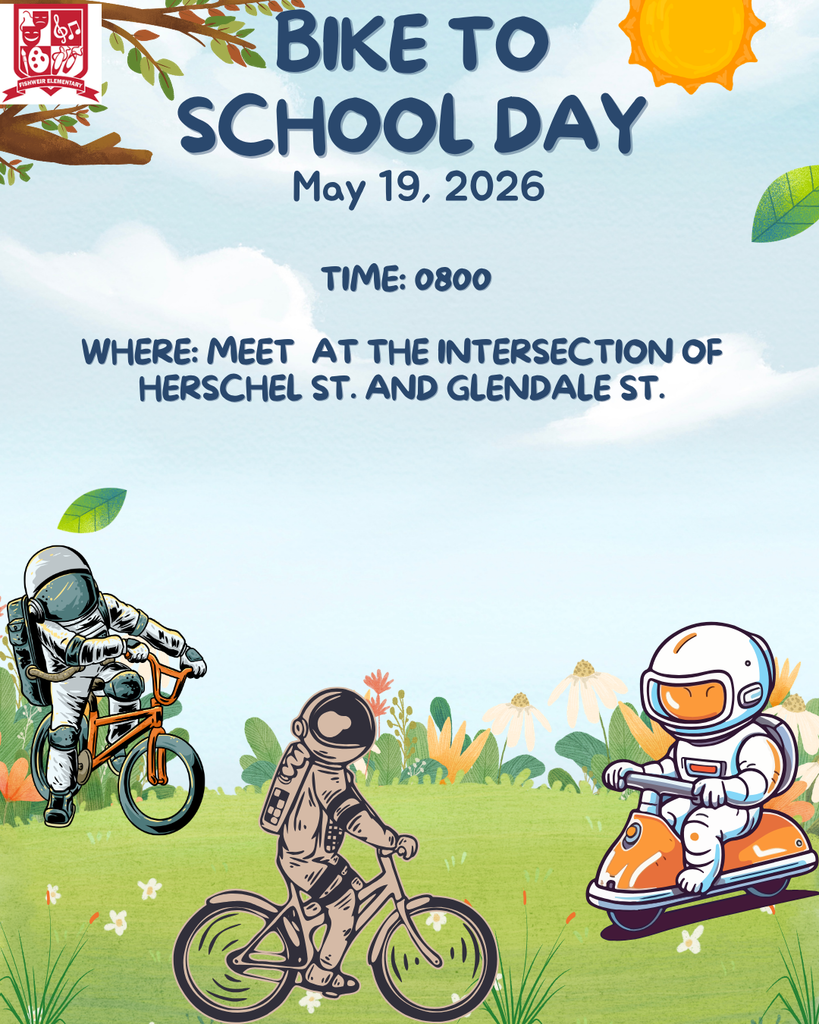 Poster for "Bike to School Day" with astronauts riding bicycles and scooters on a green background. Date: May 19, 2026, Time: 08:00. Meeting point: Herschel St. and Glendale St. intersection.
