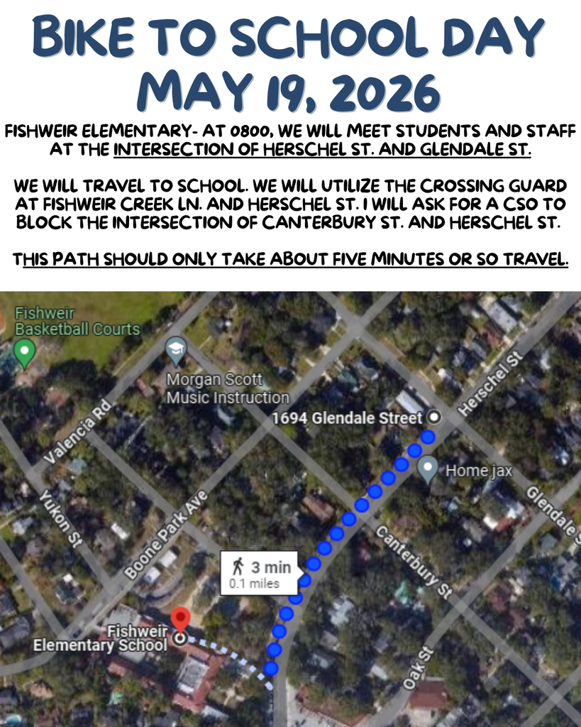 Map showing Bike to School Day on May 19, 2026 at Fishweir Elementary. The route leads to the intersection of Herschel and Glendale St.