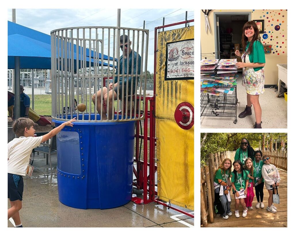 A collage of three photos; a teacher seated in a dunk tank as a student throws a ball; an art teacher smiling while posing with student creations; a group of students and a teacher on a field trip to the Jacksonville Zoo.