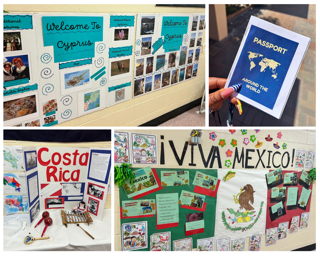 Bulletin Boards of Cyprus, Costa Rica, Mexico, and the passports that the students got to take around to collect stamps