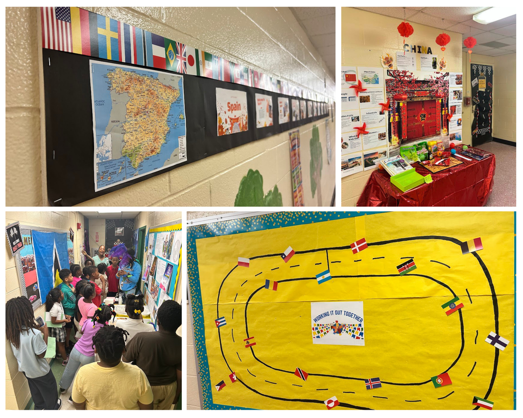 Bulletin Boards of Spain, China, a track with all the countries represented in the fair, and a group of students checking out the displays from St. Lucia
