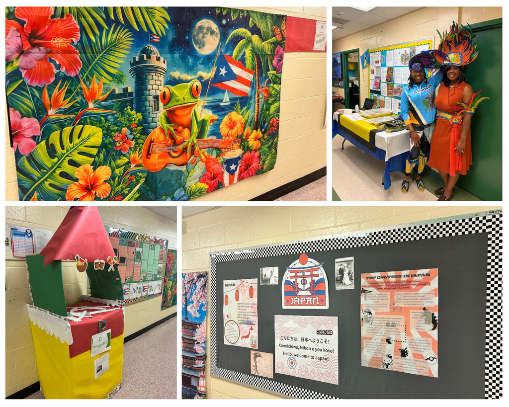 Bulletin Boards of Japan and Puerto Rico, as well as a mock fruit stand that can be found in Puerto Rico. One picture is of Ms. S and Dr. R with traditional dress in St. Lucia