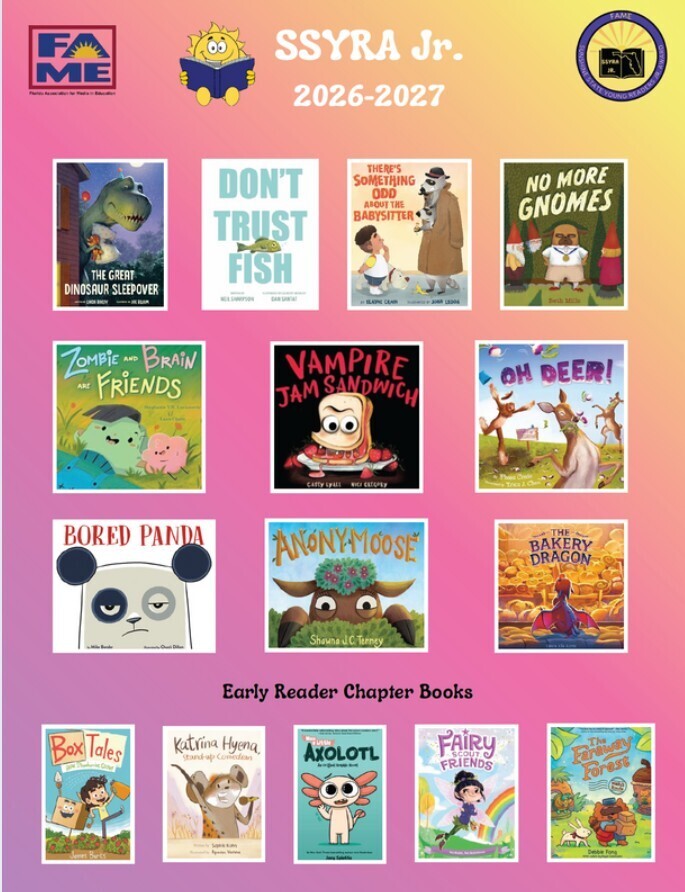 Titles of children's books on a pink background. Books include "Don't Trust Fish," "Vampire Jam Sandwich," and "Bored Panda."