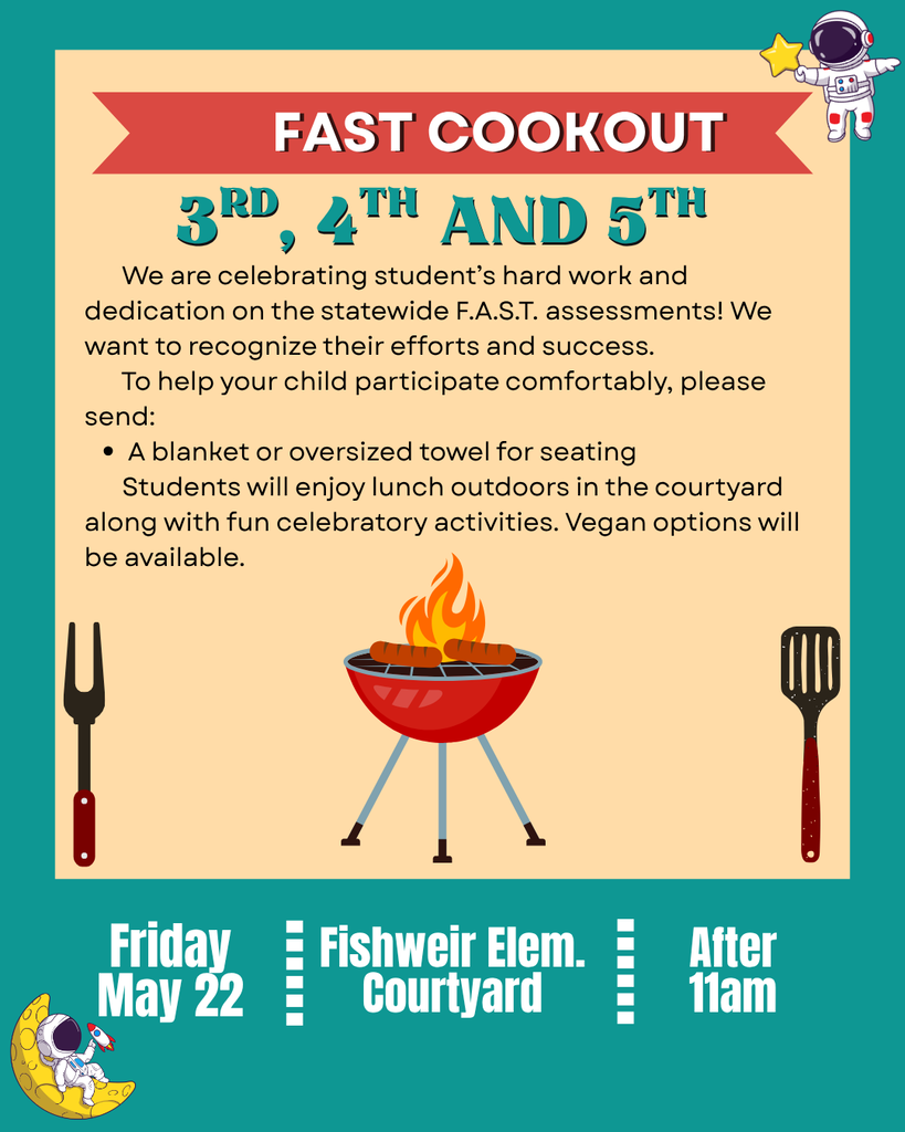 Poster with a barbecue grill, spatula, and fork. Details include date, time, and food options for the cookout.
