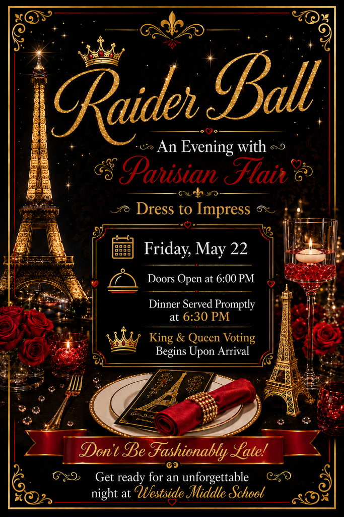 Invitation design for a Raider Ball with a black background. Gold Eiffel Tower, red roses, and a candle. Event details include date, time, dress code, and voting.