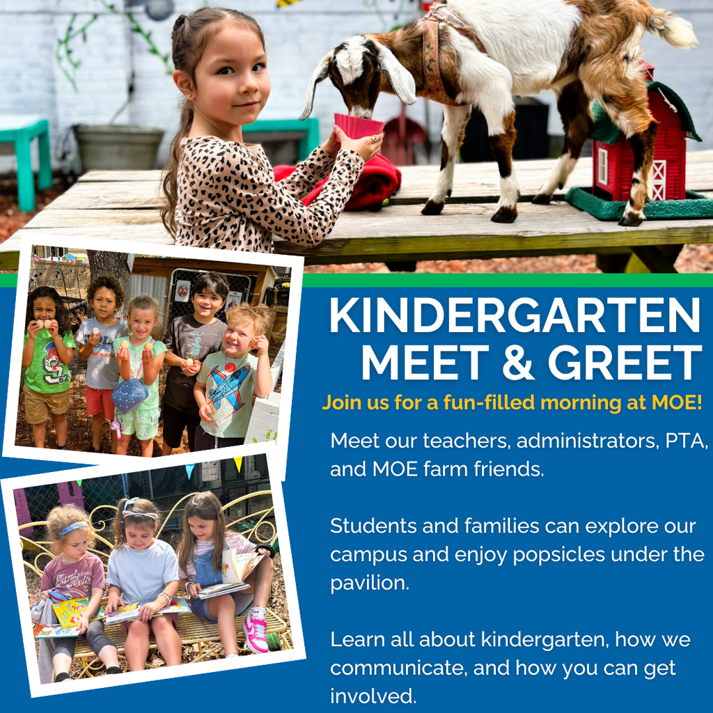 Flyer showing a girl with a goat and several photos of children outside reading and holding eggs. Text reads "Kindergarten Meet & Greet."