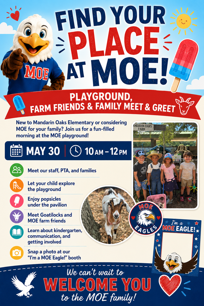 A flyer for a meet and greet at Moe. It features an eagle mascot, an ice pop, and a goat.