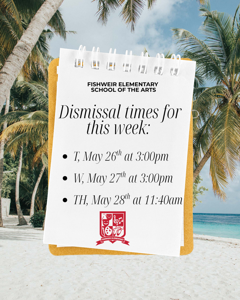 A beach backdrop features a notepad displaying dismissal times for the week. The note includes three dates with specific times, and a logo is at the bottom.