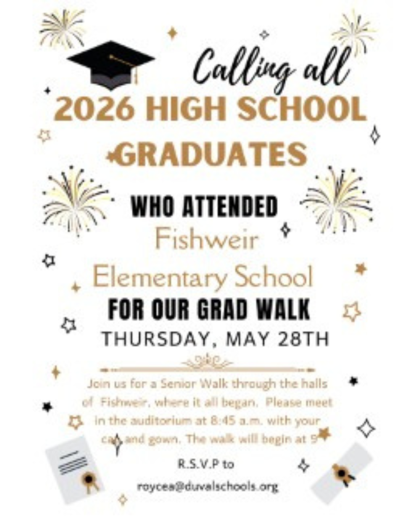 Invitation card for 2026 high school graduates, calling attendees of Fishweir Elementary School to join a grad walk.