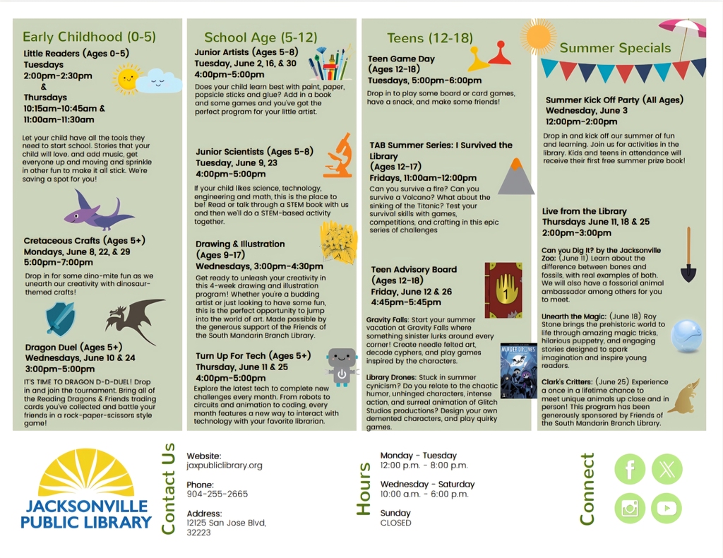 South Mandarin Branch Library summer flyer with detailed descriptions of June 2026 programs for early childhood, school-age children, and teens, featuring dinosaur, art, STEM, gaming, and live library events.