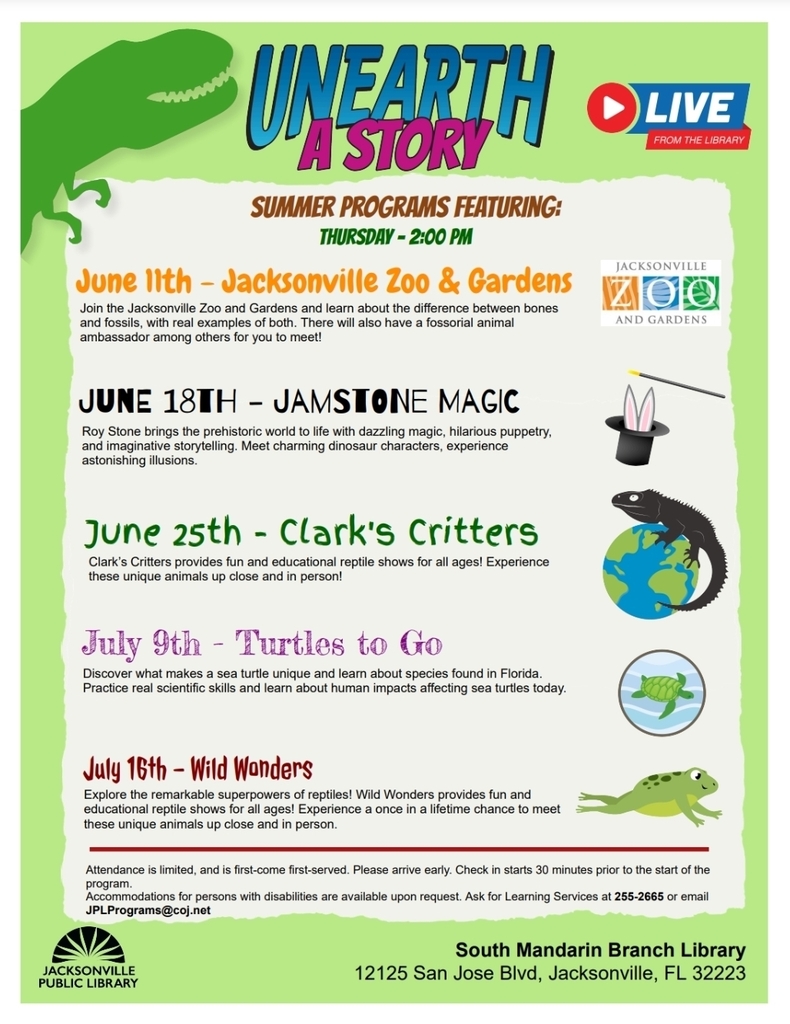 “Unearth a Story” summer flyer highlighting Thursday afternoon live programs at the South Mandarin Branch Library, including Jacksonville Zoo & Gardens, JamStone Magic, Clark’s Critters, Turtles to Go, and Wild Wonders, with colorful reptile and dinosaur-themed illustrations.