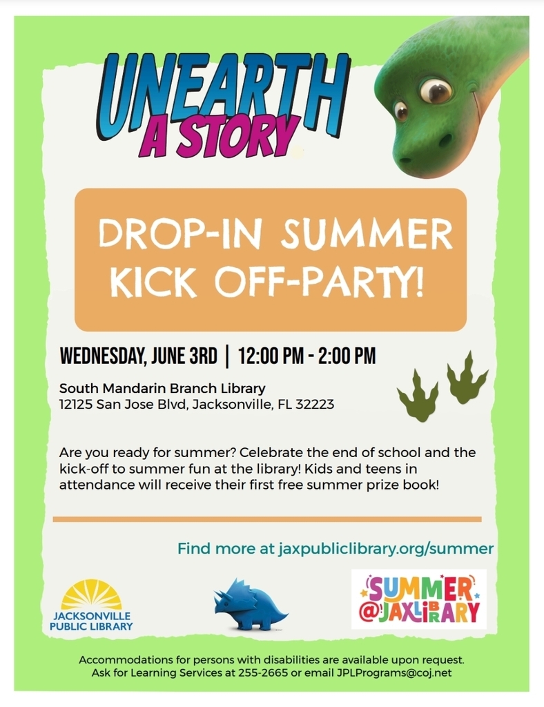 Bright green “Unearth a Story” summer flyer for the South Mandarin Branch Library promoting a drop-in Summer Kick-Off Party on Wednesday, June 3 from 12:00–2:00 PM, featuring dinosaur-themed graphics and information about free summer prize books for kids and teens.