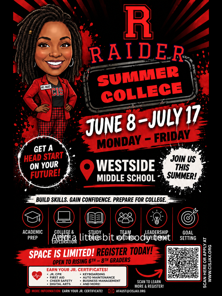 Poster features a smiling woman, Westside Middle School logo, dates June 8-July 17, 2024, skills to build, and QR code.
