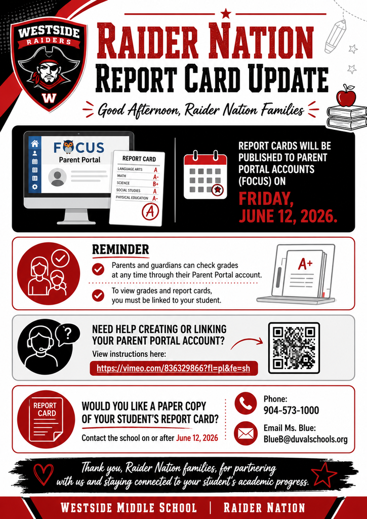 An update from Raider Nation at Westside Middle School shows a computer monitor with an open portal account. QR code, contact info, and a reminder are also included.