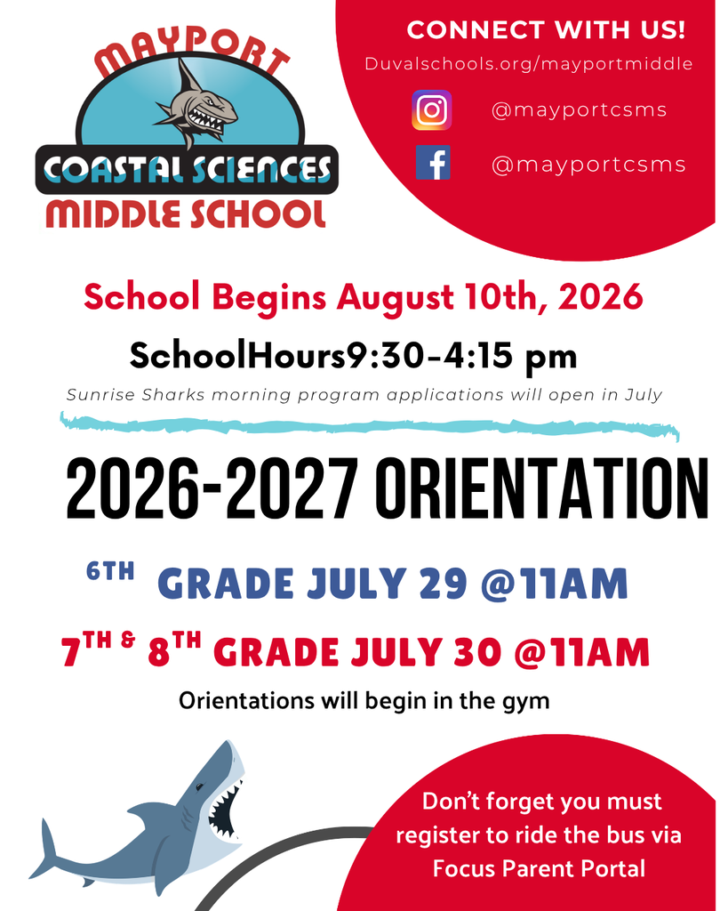 An orientation flyer for Coastal Sciences Middle School. Dates for 6th, 7th, and 8th-grade orientations are listed.