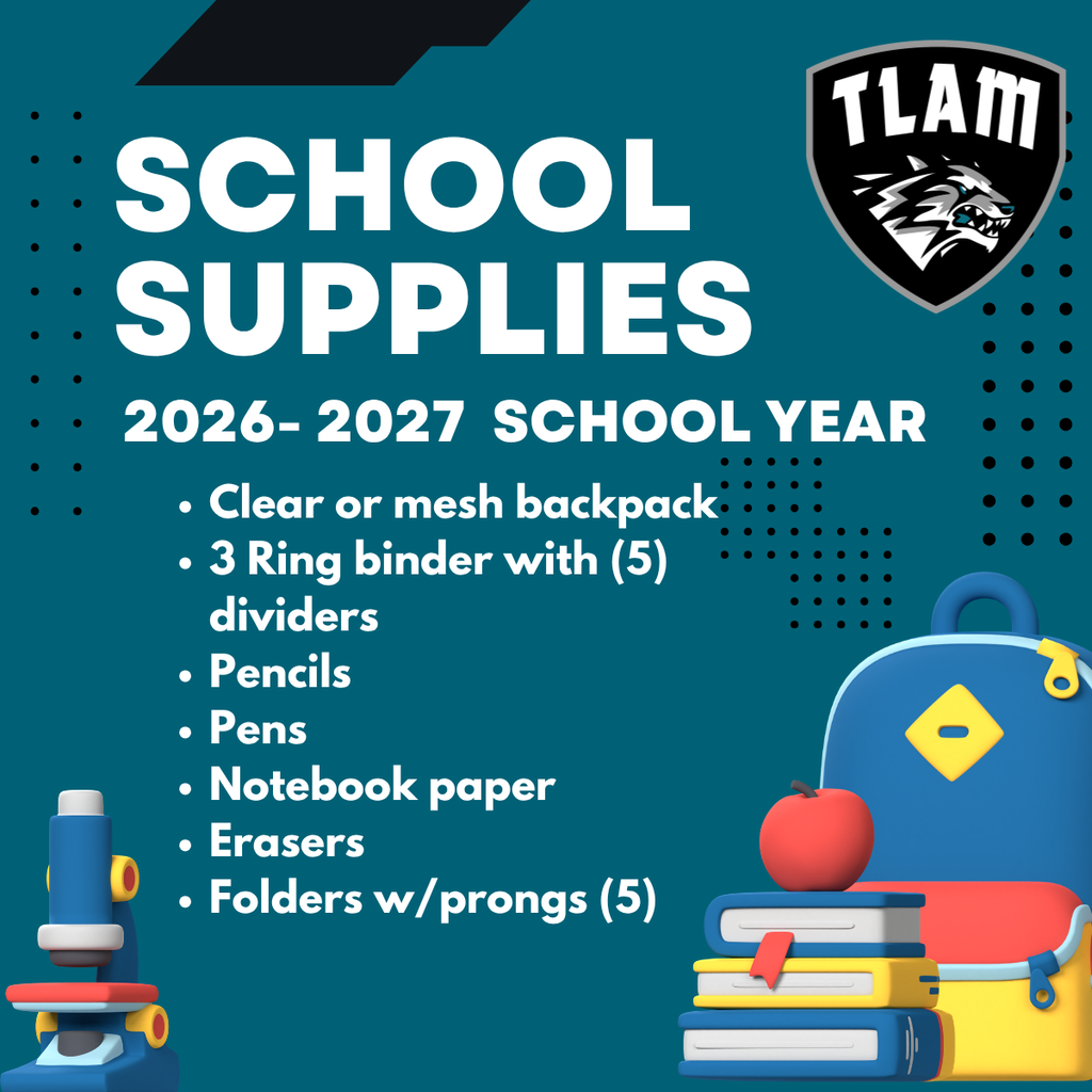 School Supplies for 26-27 SY: clear or mesh backpack, 2 ring binder with 5 dividers, pencils, pens, notebook paper, erasers, 5 folders with prongs