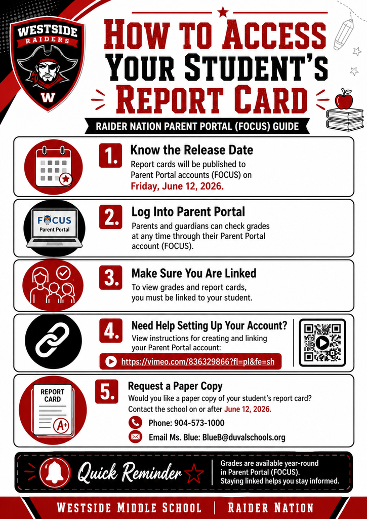 A red and white guide with steps on how to access a student's report card. Includes icons and QR code for account setup.