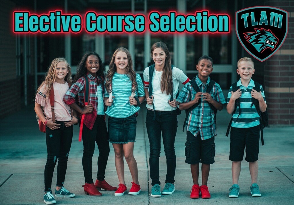 Mixed group of middle school aged children with the caption Elective Course Selection