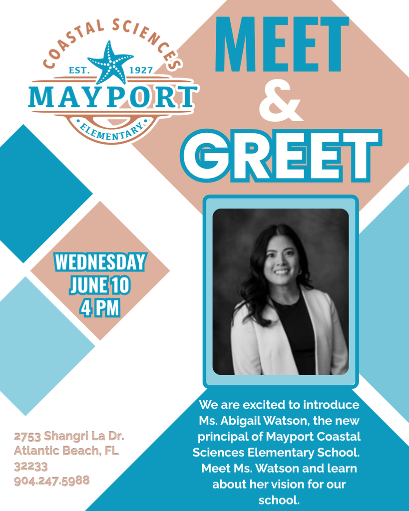 Coastal Sciences Mayport flyer with "Meet & Greet" in bold letters, featuring a smiling woman in a white blazer and a date of June 10.