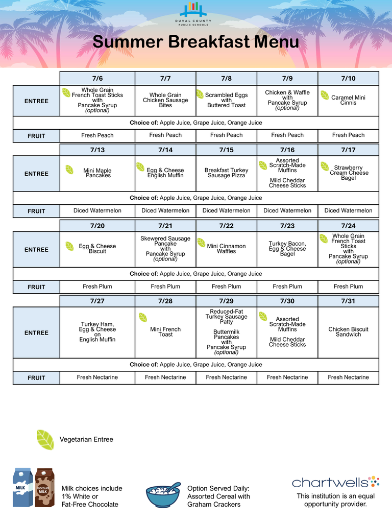Summer Breakfast Menu for July 2026