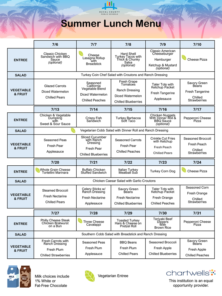 Summer Lunch Menu for July 2026
