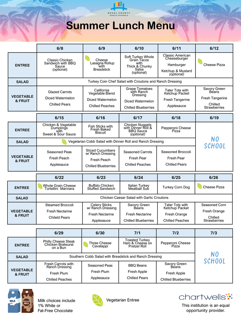 Summer Lunch Menu for June 2026