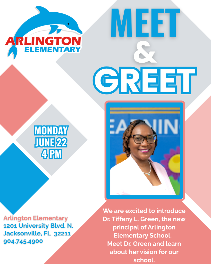 An advertisement features Dr. Tiffany L. Green, the new principal, for Arlington Elementary. The event is on Monday, June 22, at 4 PM.