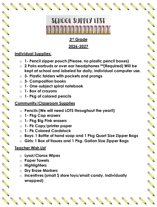 3rd Grade School Supply List, 2026-2027