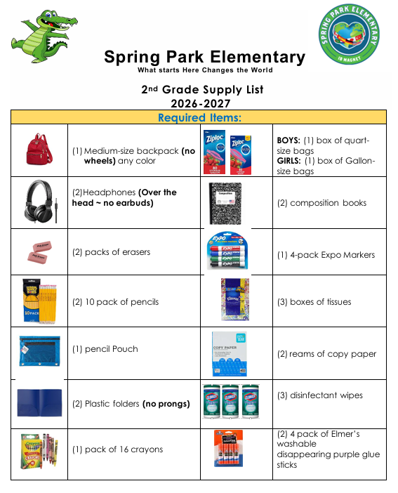 2nd Grade School Supply List, 2026-2027