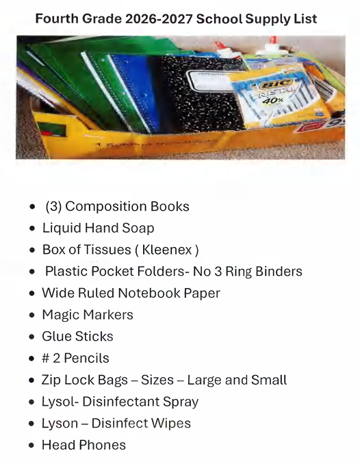 4th Grade School Supply List, 2026-2027