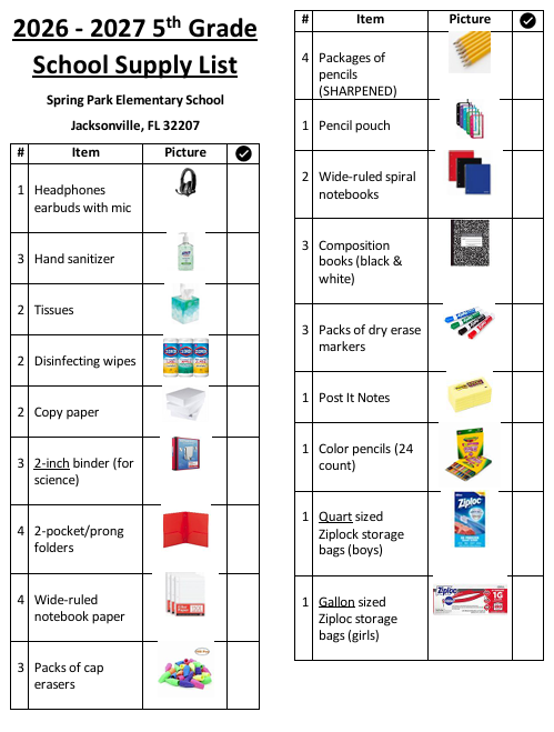 5th Grade School Supply List, 2026-2027