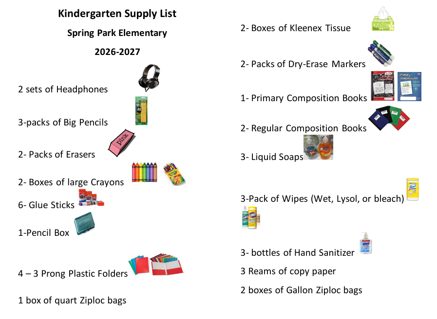 Kindergarten School Supply List, 2026-2027