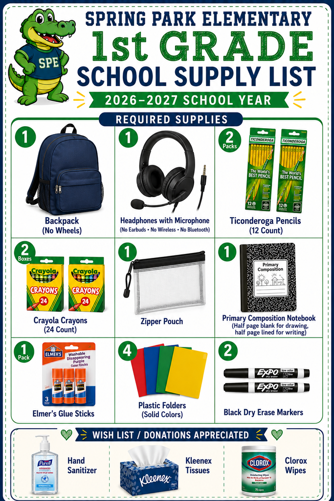 1st Grade School Supply List, 2026-2027