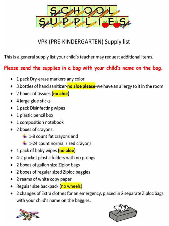 PreK (VPK) School Supply List, 2026-2027