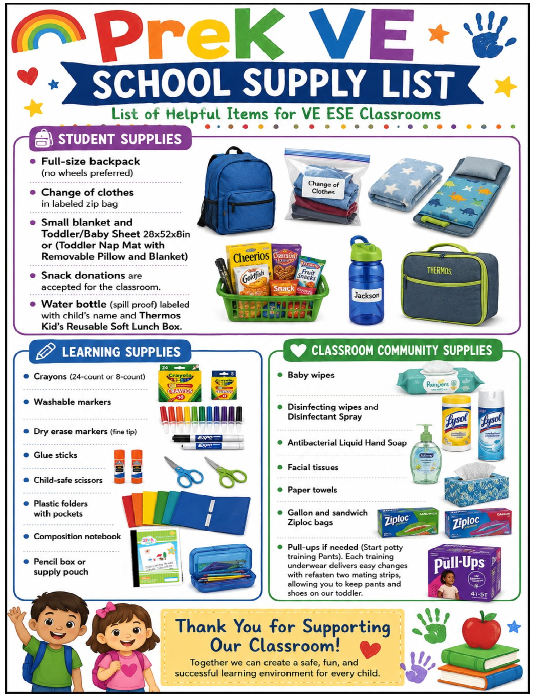 PreK (VE) School Supply List, 2026-2027