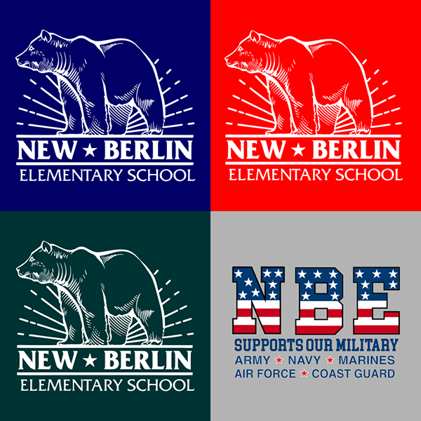 four samples of New Berlin Elementary School T-shirt designs and colors