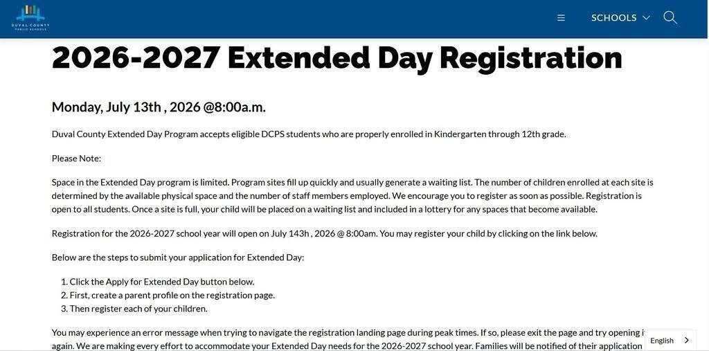 Extended day registration for the 2026-2027 school year opens on Monday, July 13th, at 8 am.