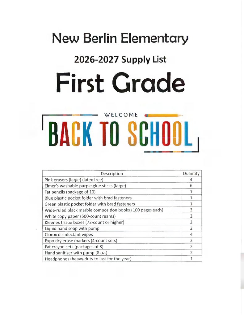 back-to-school supply list for first grade