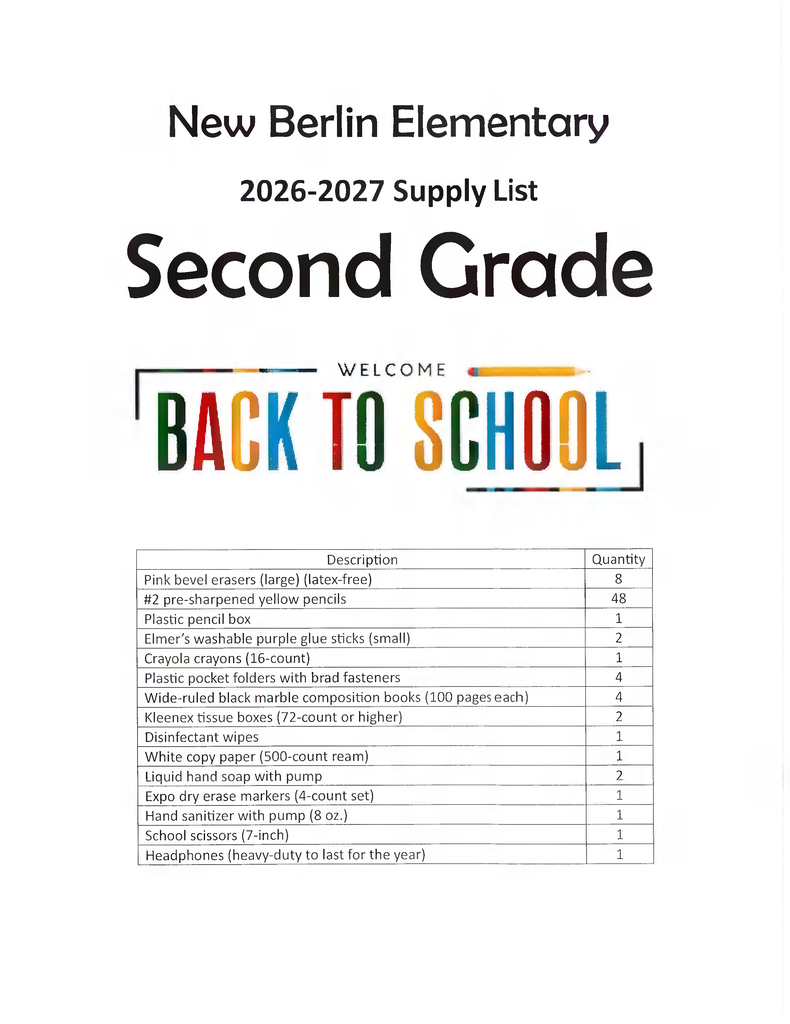 back-to-school supply list for second grade
