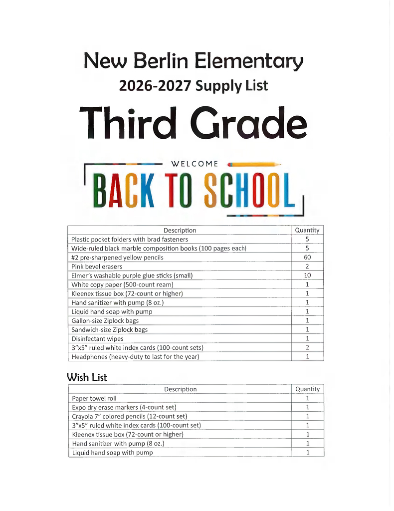 back-to-school supply list for third grade