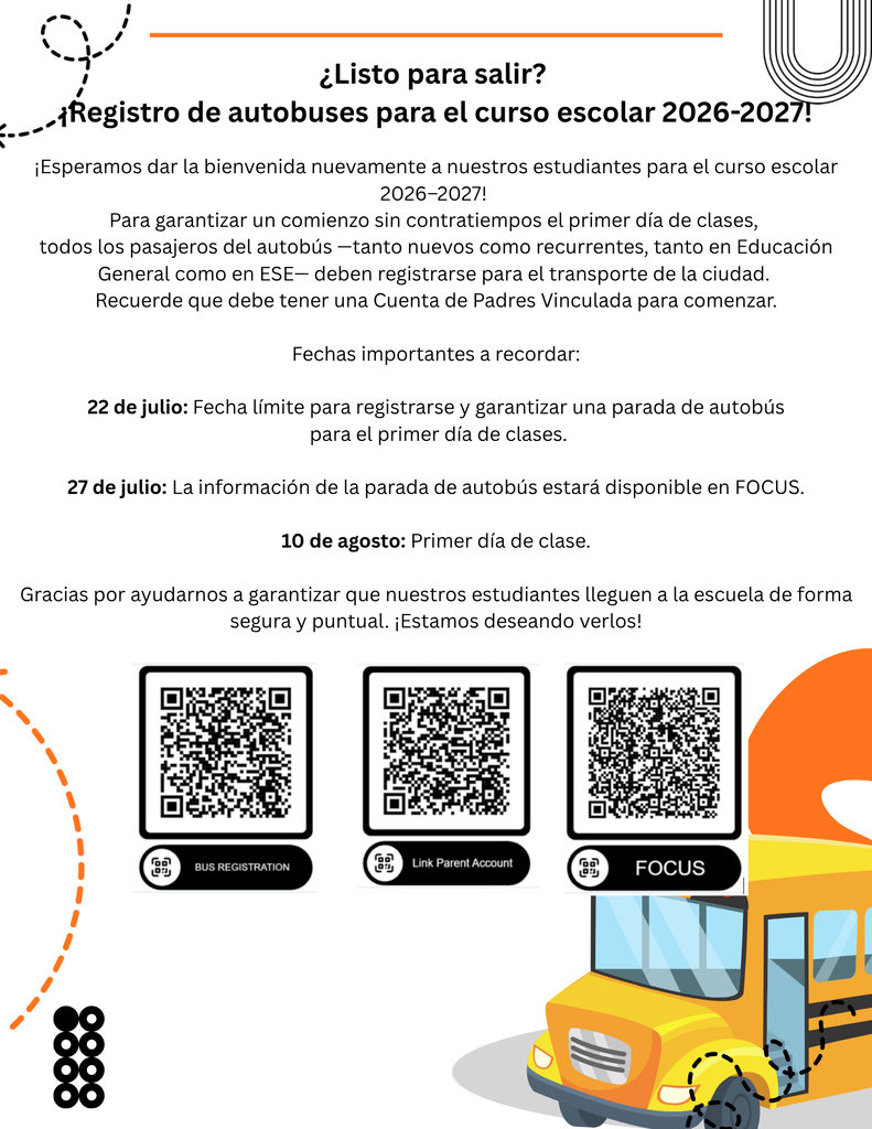 A flyer about the 2026-2027 school year. It has a bus, QR codes, and a list of dates and actions.