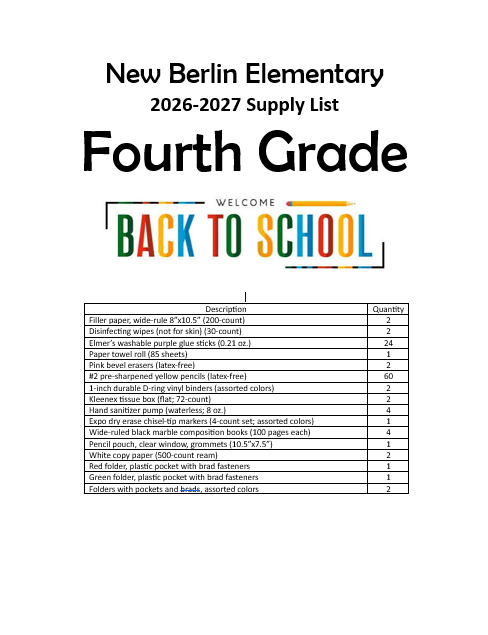 back-to-school supply list for fourth grade