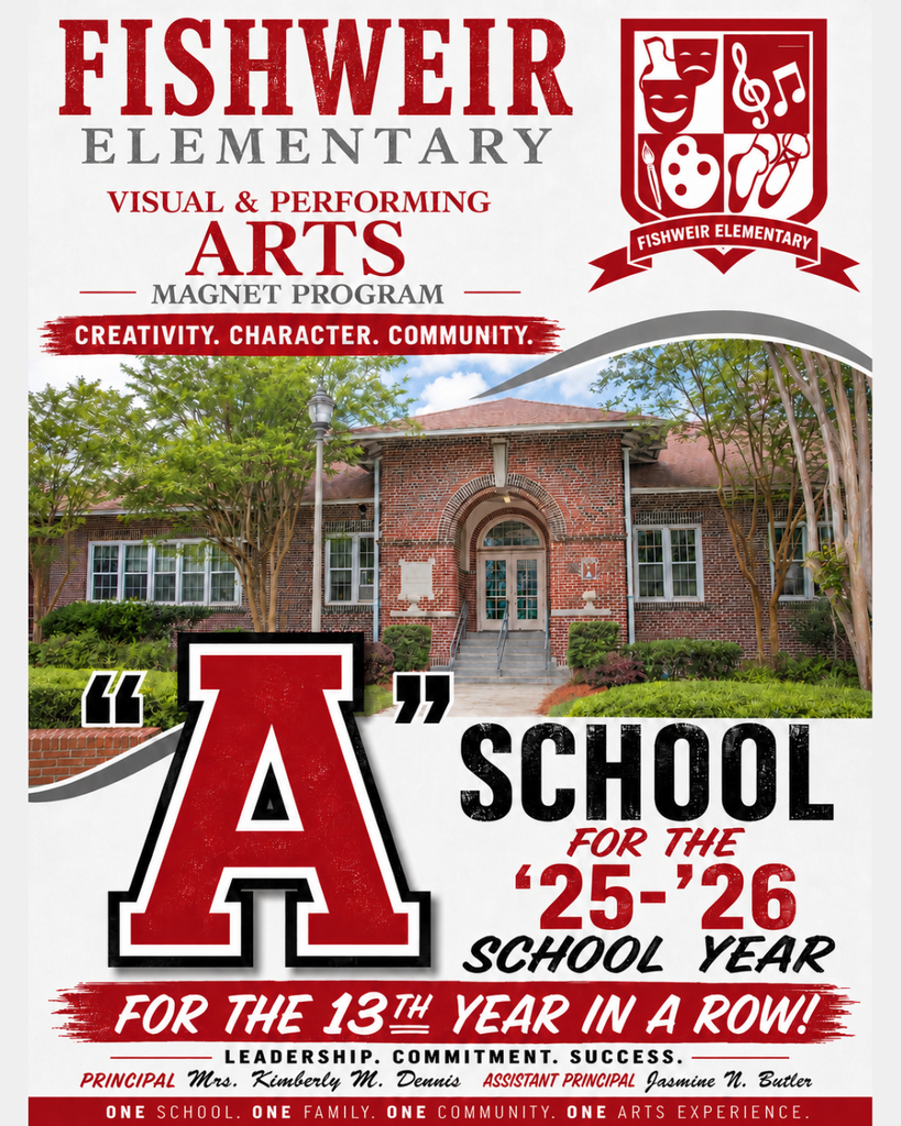 A flyer shows Fishweir Elementary, featuring a school building with trees. The header reads "Fishweir Elementary Visual & Performing Arts."