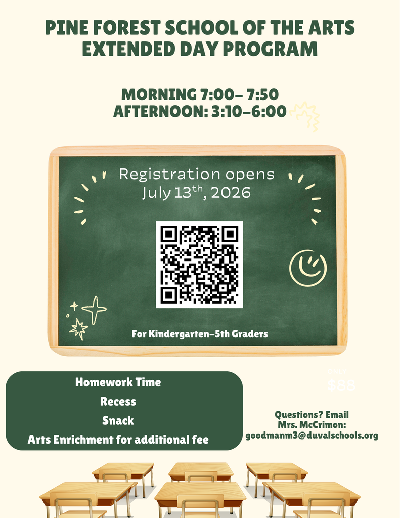 Poster shows a chalkboard with a QR code and text. Below, a table displays information on the program's hours and costs.