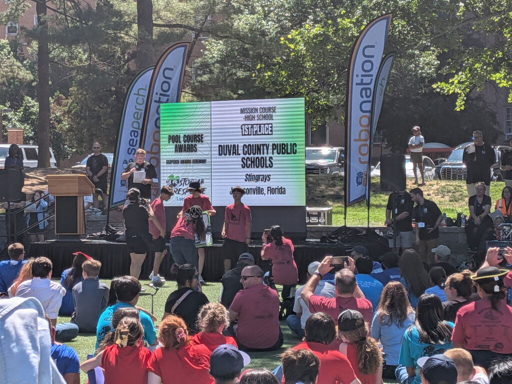 The Mayport Coastal Sciences Robotics Team is awarded first place prizes at the International SeaPerch Robotics Competition.