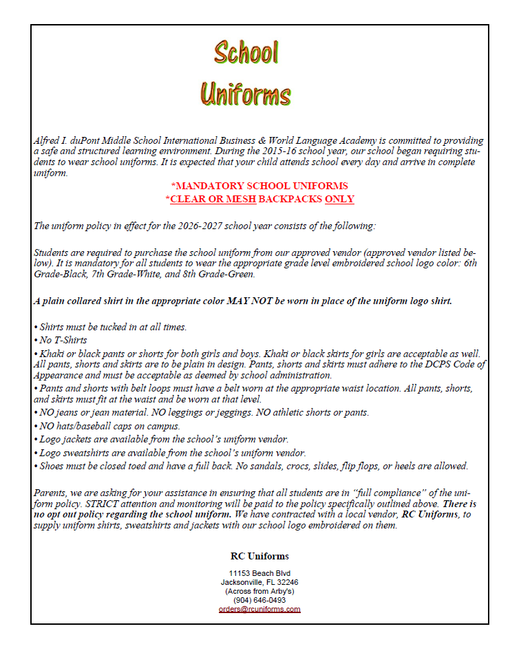 A document shows a heading "School Uniforms" and text describing mandatory school uniforms, including acceptable clothing items and logo requirements.