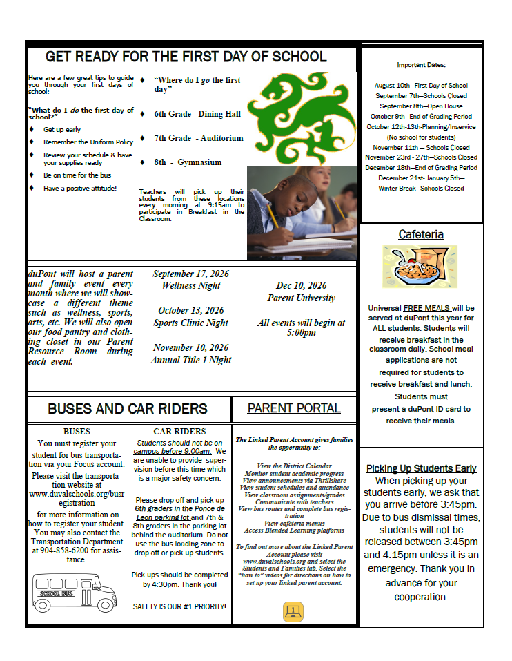 A newsletter with a green dragon on the top left, text including dates, and information about school events, buses, and meal options.