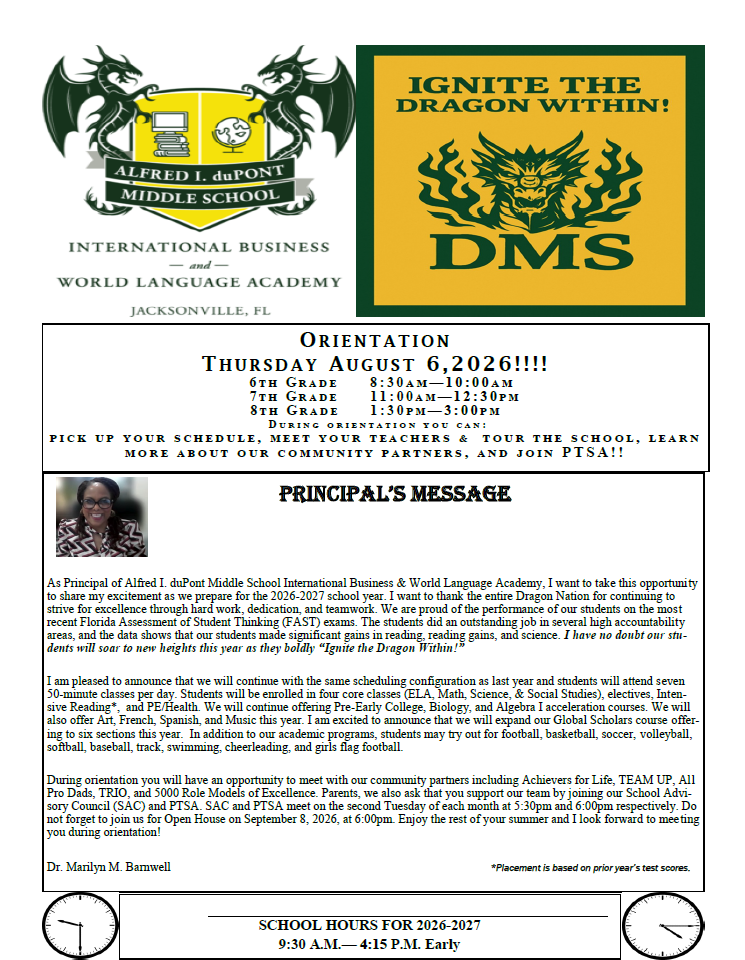Flyer for Alfred I. Dupont Middle School's International Language Academy. Contains principal's message and schedule. Features school mascots.