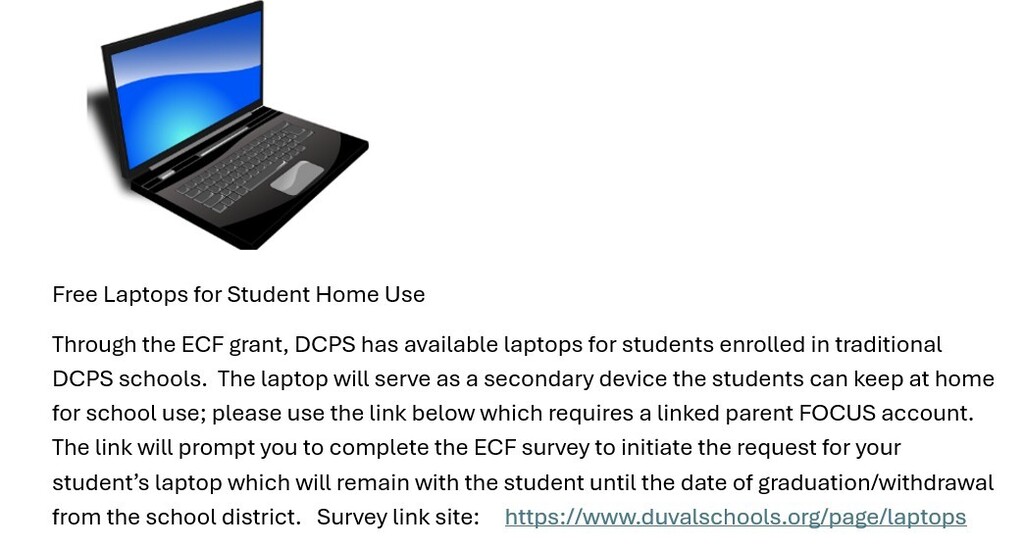 A laptop rests on a white background. A header reads "Free Laptops for Student Home Use."