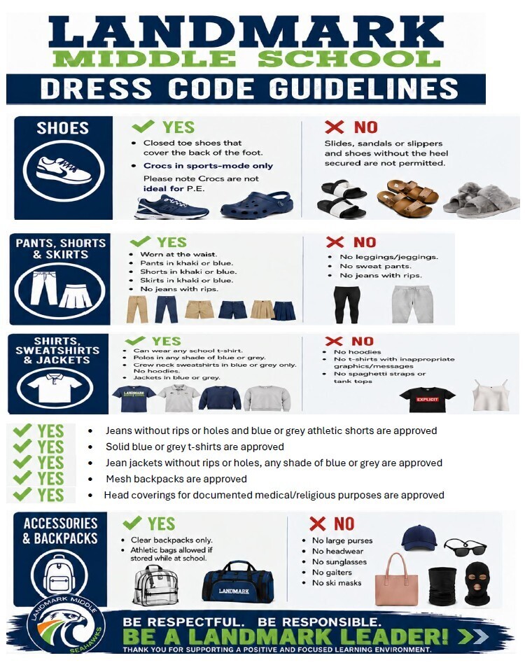 Poster with Landmark Middle School dress code guidelines. It shows approved and not approved shoes, pants, shirts, accessories, and backpacks.